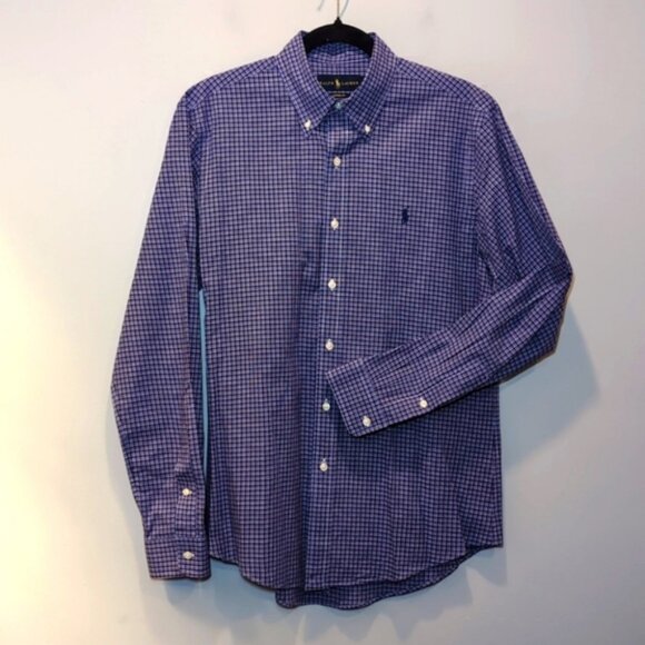 Ralph Lauren Custom Fit Button Down Dress Shirt Plaid Pleated Blue Label - Picture 9 of 9